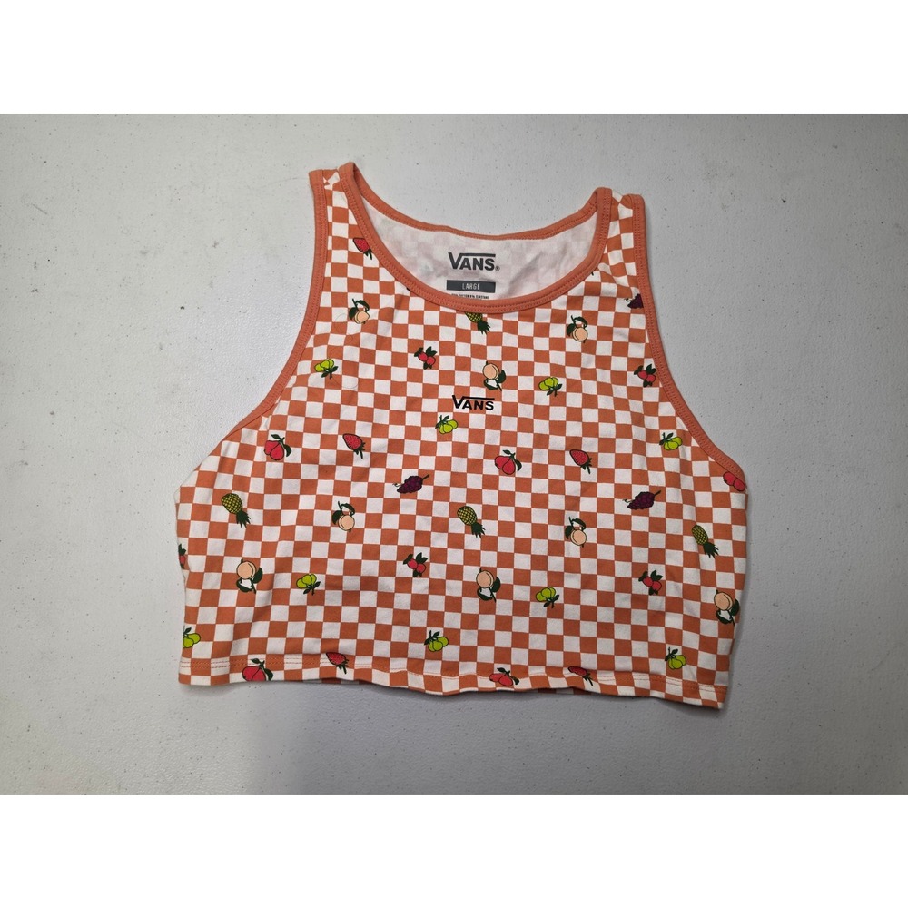 Vans Womens Orange Checkered Fruit Print Cropped Tank Top Size Large Shelf Bra